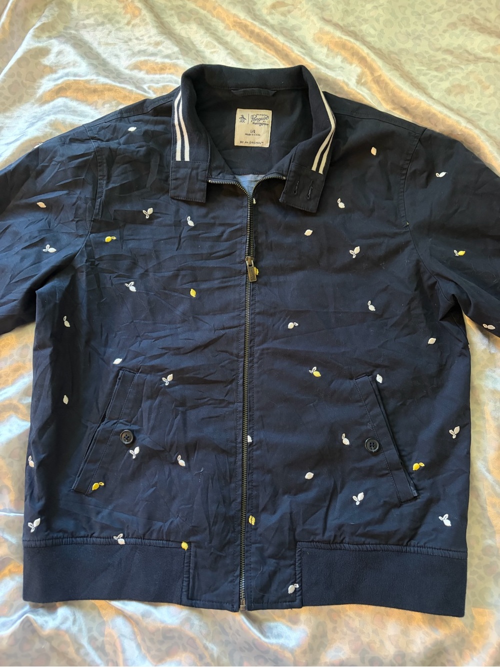 Original Penguin Navy Bomber Jacket with White & Yellow Embroidery